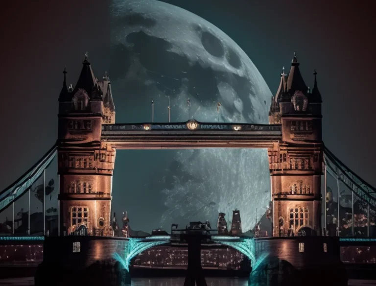 Tower Bridge at night under a bright moon, representing a popular attraction in the top 10 cities to visit in 2023.